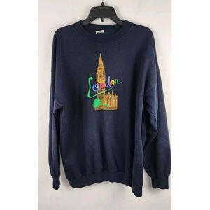 Vtg London Crewneck Sweater XL Navy Blue Embroidered Colorful
